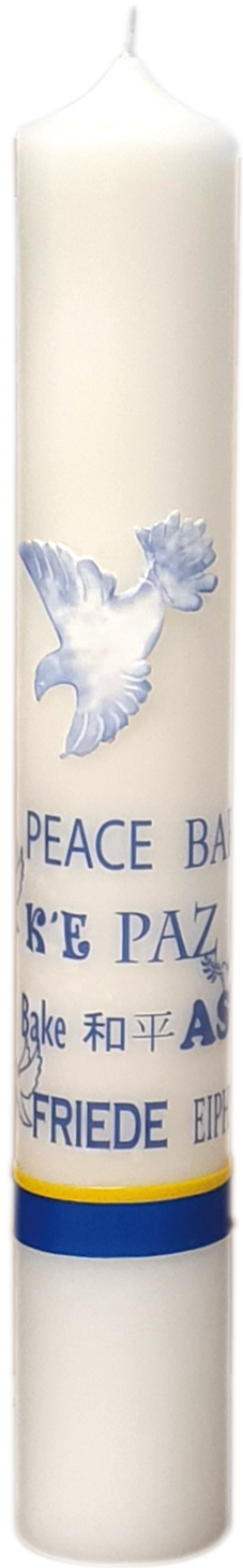 Friedenskerze mit Taube und Text Friedenskerze mit Taube und Text